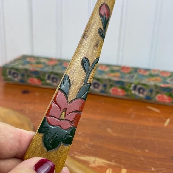 Vtg Hand Painted Wood Spoon and Fork Serving Set Hibiscus Flowers Made in Japan - Picture 7 of 10